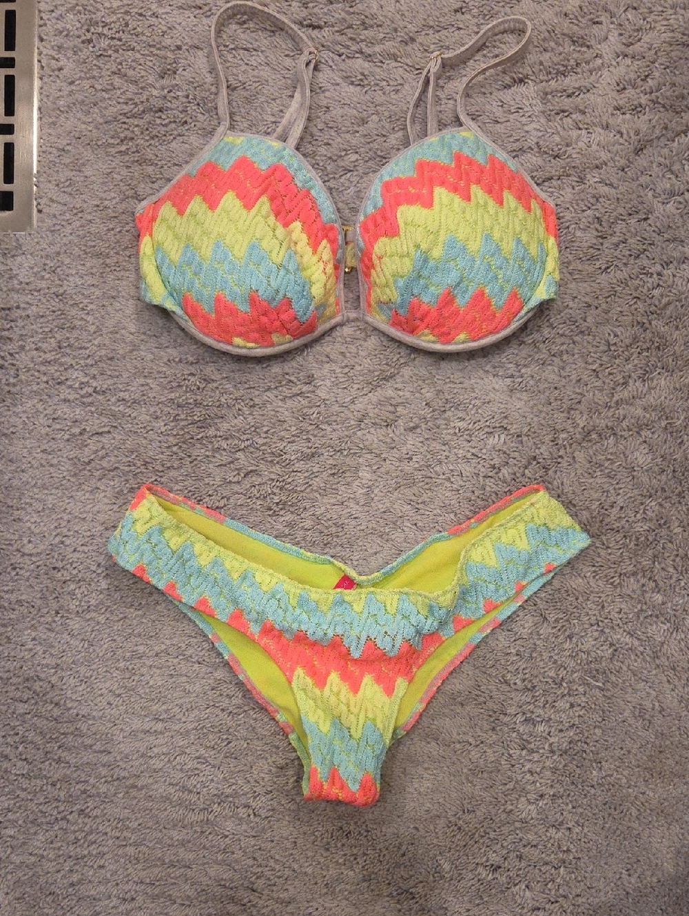 Victoria's Secret Neon Zigzag Bikini Set - Coral, Yellow & Aqua